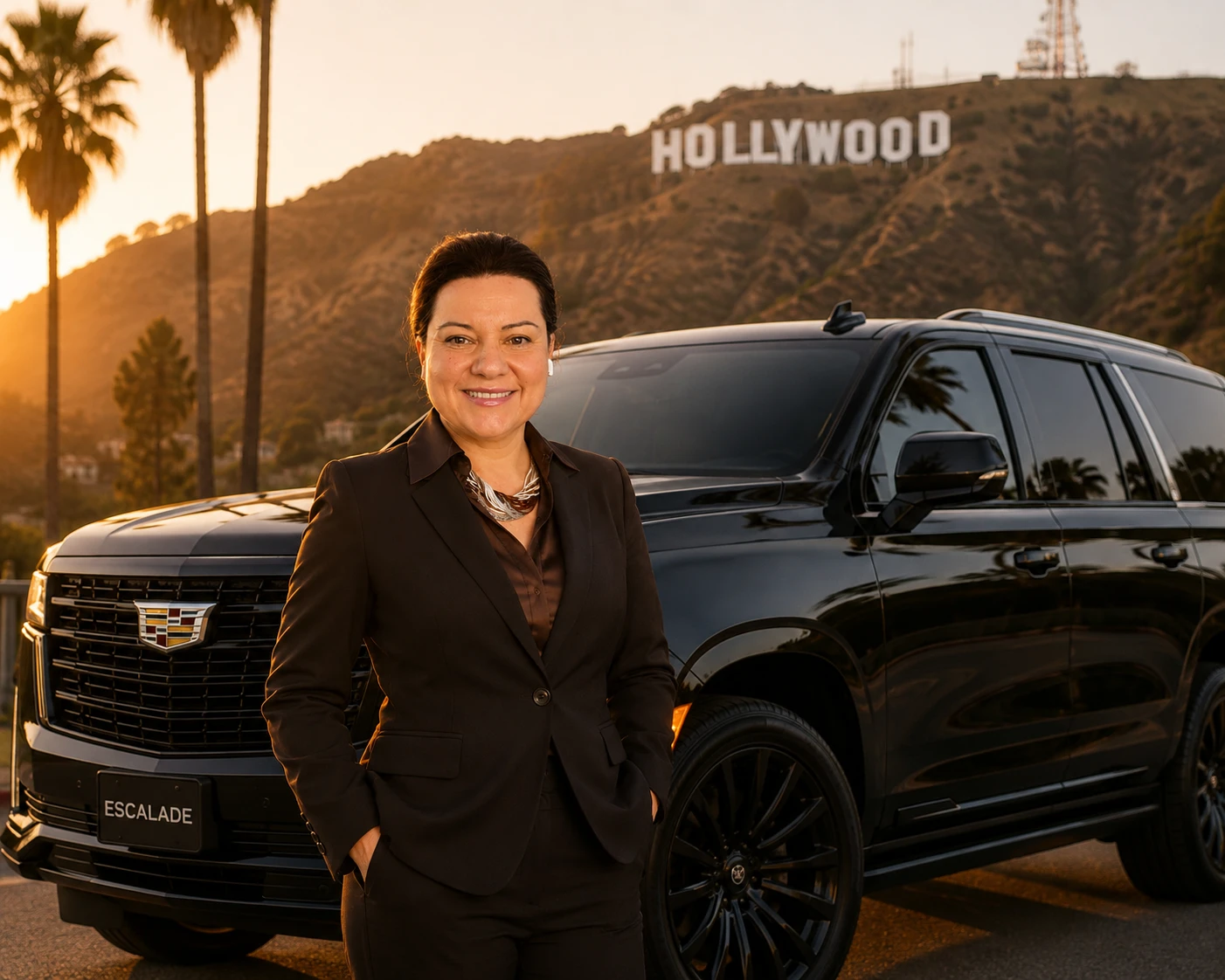 Private driver with a black Cadillac Escalade in front of the Hollywood sign in Los Angeles